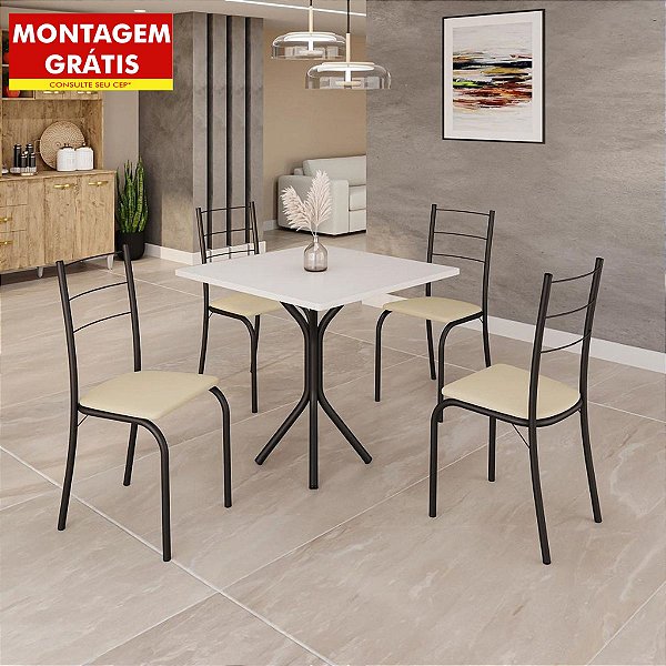 Mesa de Jantar Maricá Quadrada 68cm 4 Cadeiras Rio Creme Off White/Preto Fosco