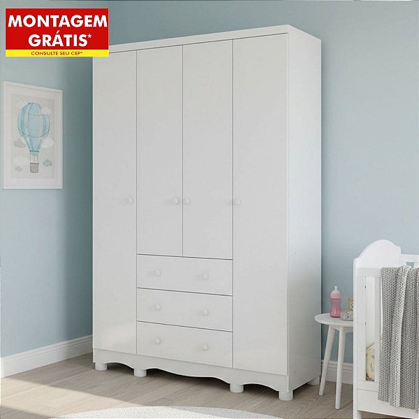 Guarda Roupas Peroba Junior New 4 Portas 3 Gavetas 122cm Branco Brilho