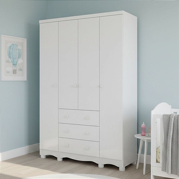 Guarda Roupas Peroba Junior New 4 Portas 3 Gavetas 122cm Branco Brilho