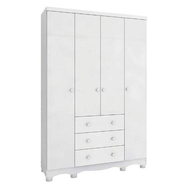 Guarda Roupas Peroba Junior New 4 Portas 3 Gavetas 1,89m x 1,22m x 0,42m Branco Brilho