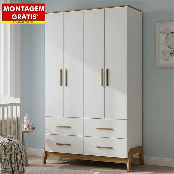 Guarda Roupas Peroba Guti Retrô 4 Portas 4 Gavetas 127cm Branco/Amêndoa