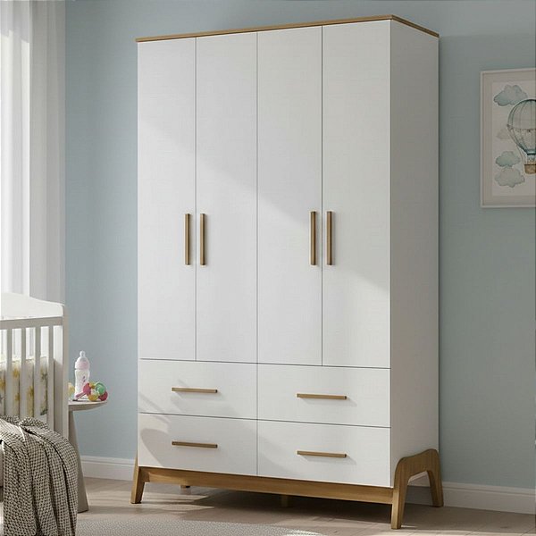 Guarda Roupas Peroba Guti Retrô 4 Portas 4 Gavetas 127cm Branco/Amêndoa