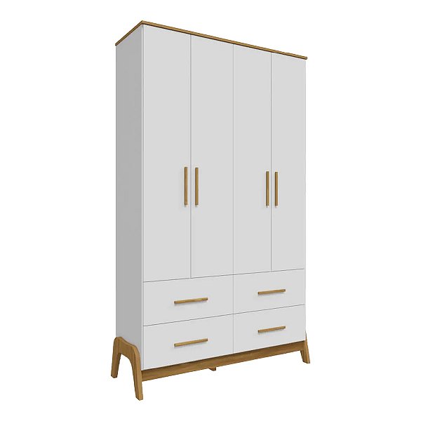 Guarda Roupas Peroba Guti Retrô 4 Portas 4 Gavetas 2,10m x 1,27m x 0,45m Branco com Amêndoa