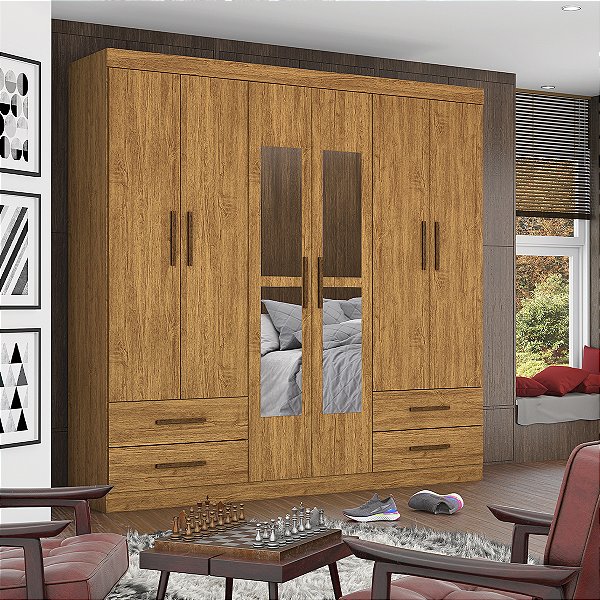 Guarda Roupas Carioca Hércules 6 Portas 4 Gavetas 2,00m x 1,77m x 0,47m Com Espelho Com Pés Cinamomo