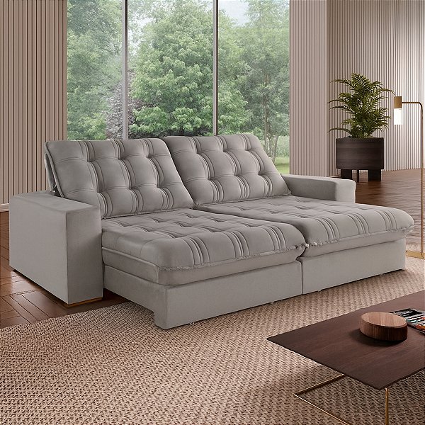 Sofá Teixeira Retrátil Triunfo 2,3m Molas Ensacadas Pillow Tecido 336 Cinza Claro