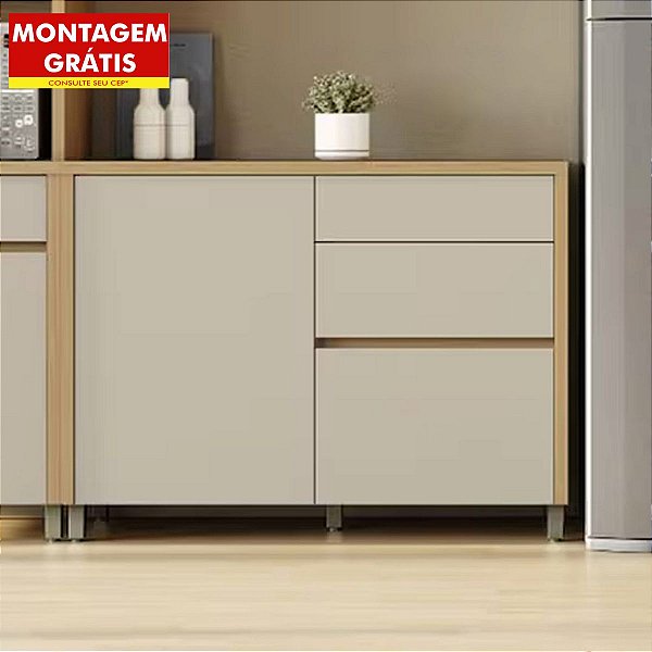 Balcão de Cozinha Nesher Condessa Modulado 1 Porta 3 Gavetas Carvalho/Greige