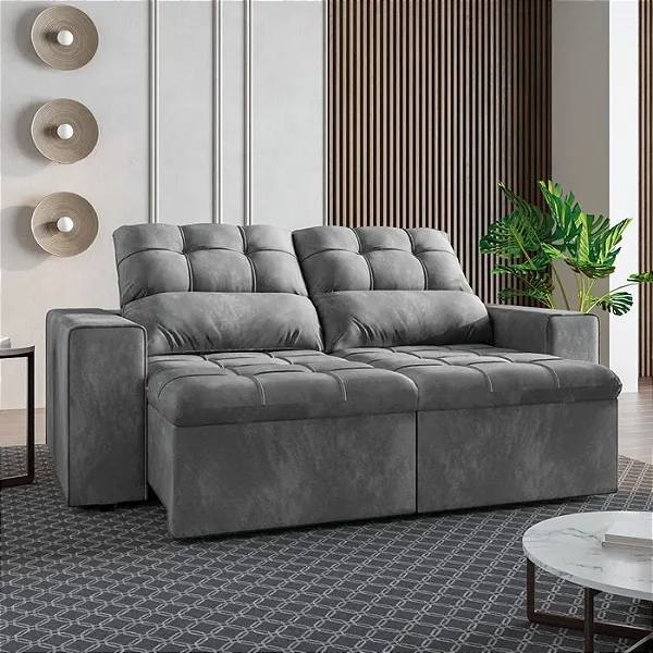 Sofá Flash Retrátil e Reclinável 2 Lugares 1,80m Veludo Malibu Cinza: Conforto Absoluto e Design Moderno para Transformar sua Sala! (Assento D23 com Manta Acrílica, Encosto em Fibra Silic