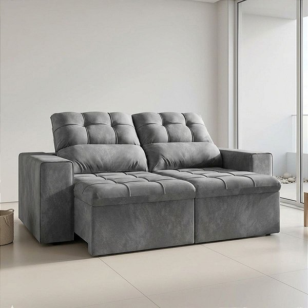 Sofá Flash Retrátil e Reclinável 2 Lugares 1,80m Veludo Malibu Cinza: Conforto Absoluto e Design Moderno para Transformar sua Sala! (Assento D23 com Manta Acrílica, Encosto em Fibra Silic