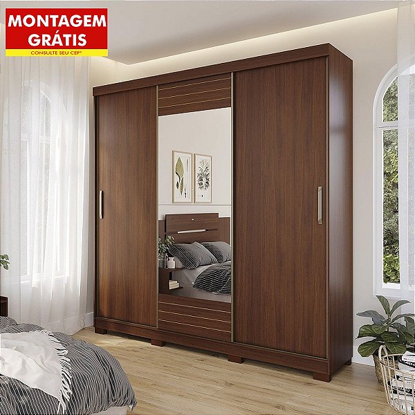 Roupeiro Panan Buzios 100% Mdf 3 Portas Slide 4 Gavetas 2,14m x 1,99m x 0,52m com Espelho Jequitibá