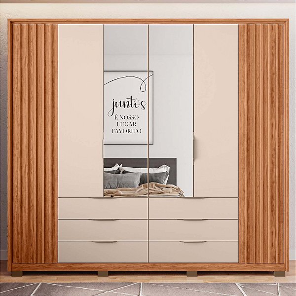 Roupeiro Caemmun Maximus 2 portas 6 gavetas com espelho 2.35m x 2.68m Freijó com Off White