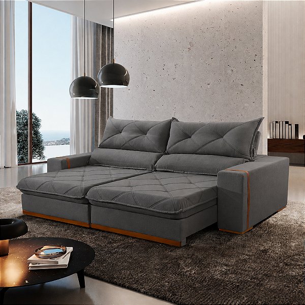 Sofá Teixeira Retrátil Boaz 2,5m Pillow 25cm Tecido Luxo Cinza