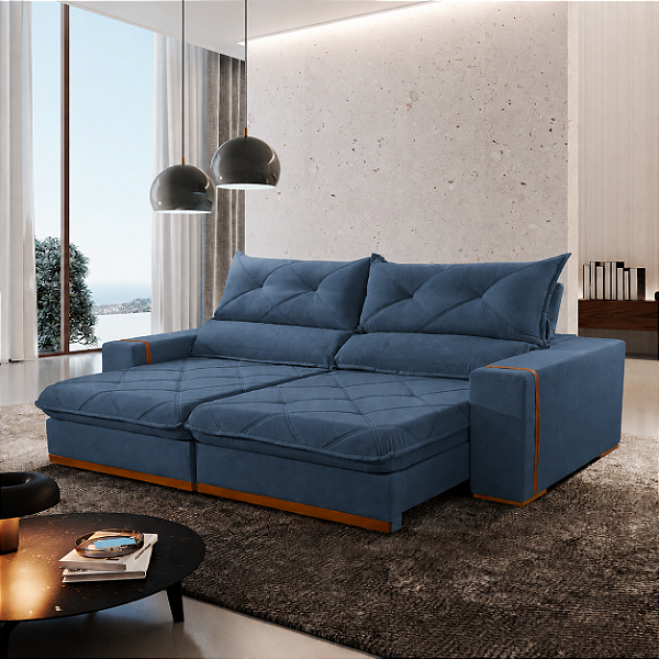 Sofá Teixeira Retrátil Boaz 2,5m Pillow 25cm Tecido Luxo Azul