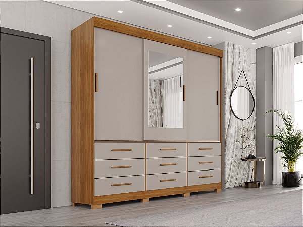 Guarda Roupas Slim 3 Portas 2,17m x 1,80m x 0,47m Cinamomo com Off White com Pés e com Espelho