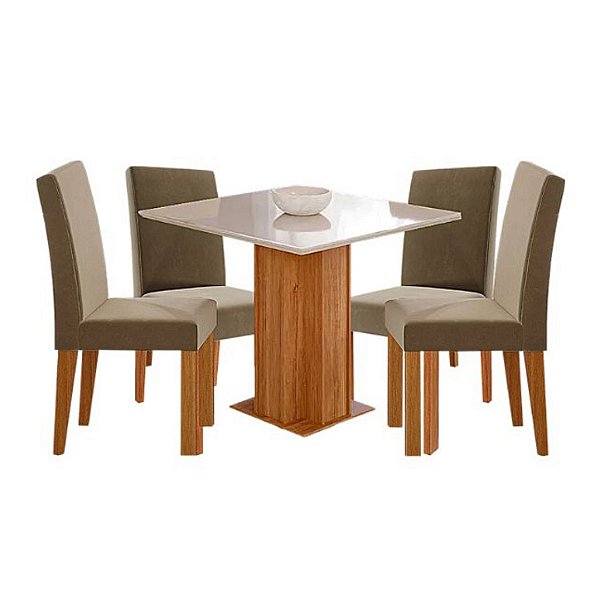 Mesa Cimol Sophia 0,95m x 0,95m com vidro 4 Cadeiras Maia CInamomo com Off White e Joly