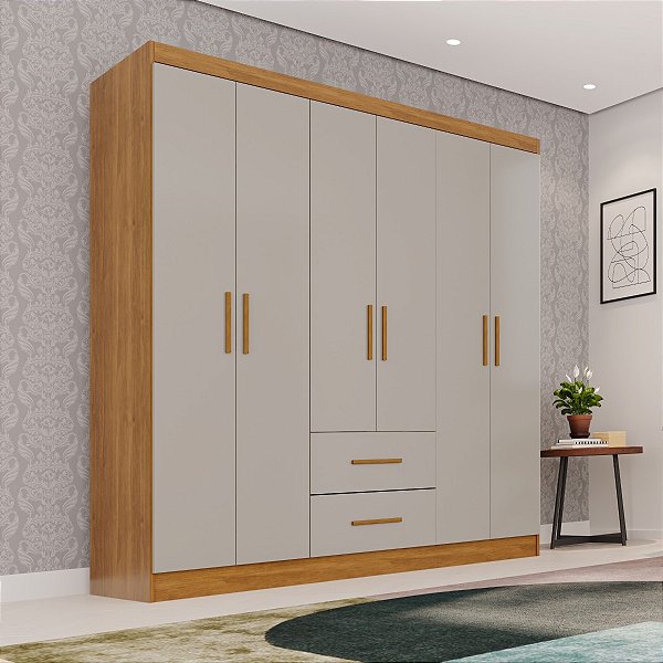 Guarda Roupa Casal Sallêto Estrela Premium 6 Portas 2 Gavetas 150cm Cinamomo/Off White