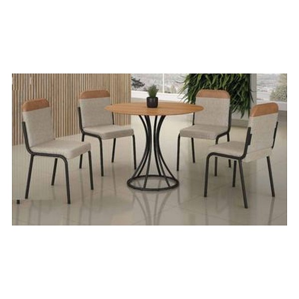 Mesa de Jantar Tubo Minas Onix Redonda 1,10m com 4 Cadeiras Malta Preto Fosco/Bege
