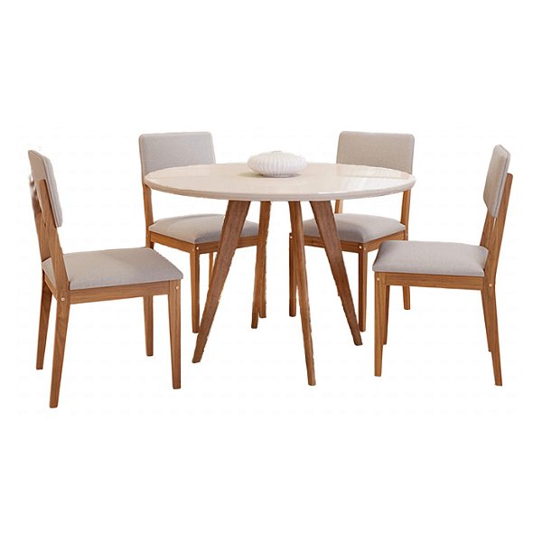 Conjunto Mesa Cimol Acerola Redonda 1,09m com Vidro e 4 Cadeiras Sabiá Linho Cinza Cinamomo/Off White