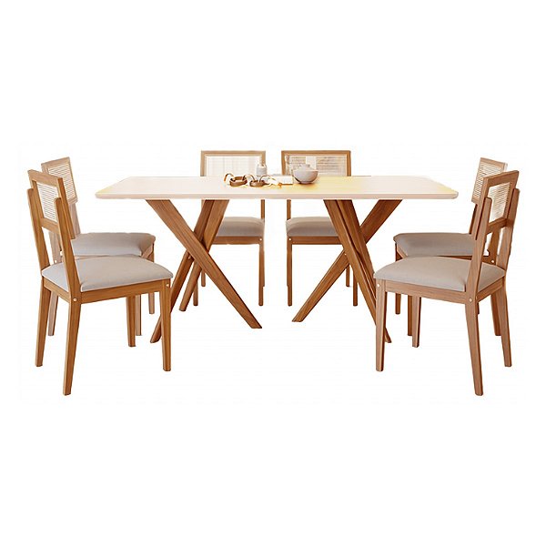 Mesa de Jantar Cimol Cacau 1,80m x 0,90m com Vidro e 6 Cadeiras Palmas Linho Bege Cinamomo/Off White