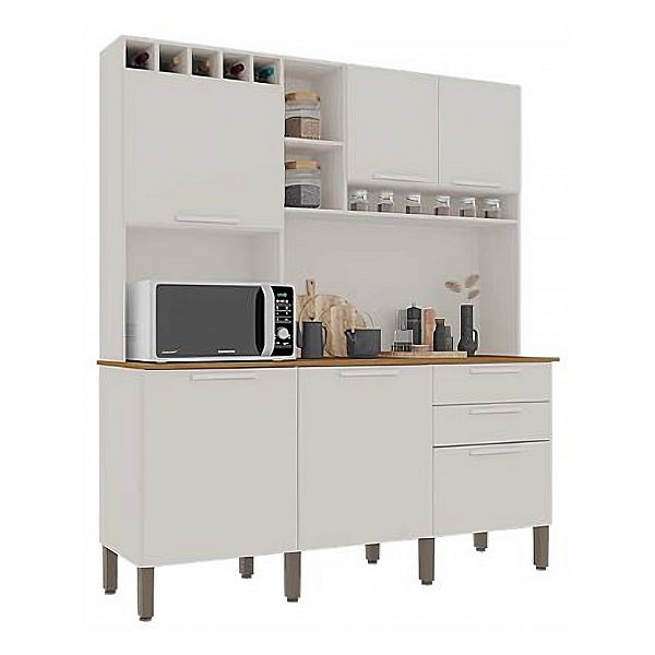 Armário de Cozinha Salleto New Topázio Modulado 6 Portas 2 Gavetas Branco/Cinamomo