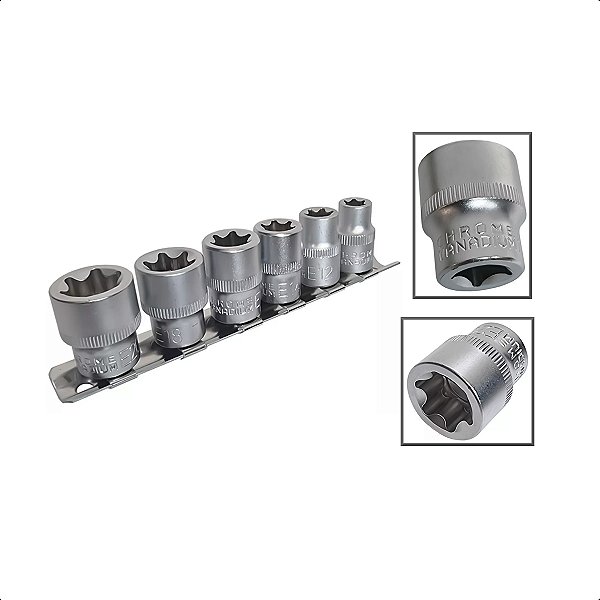 Jogo Soquetes Fêmea Torx Encaixe 3/8Pols 6 Peças CRV 10-20mm