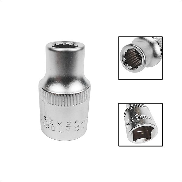 Soquete Estriado Encaixe 1/2 Pols CRV 9mm Aço Cromo Vanádio