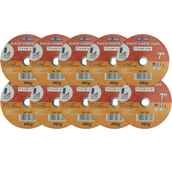 Kit 10 x Disco Corte Ferro Inox 7 Pol 180mmx1,6mm Lotus 2620