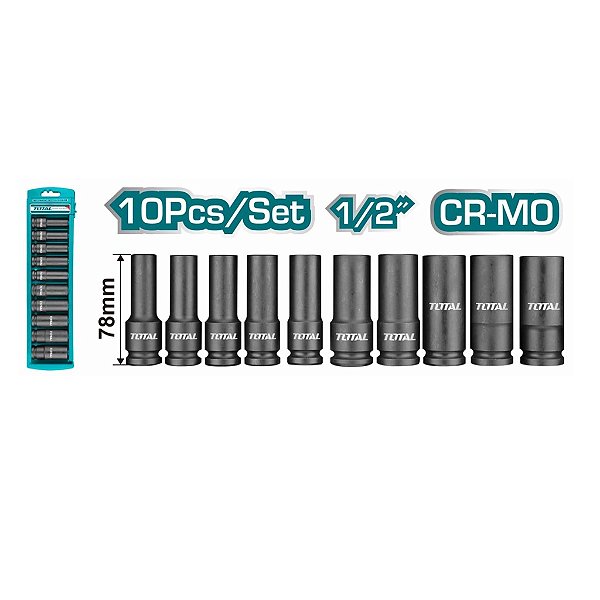 Kit Jogo Soquete Impacto Longo 1/2 10 Peças 10 À 24mm Cr-mo