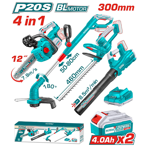 Kit de Jardinagem 4 em 1 Roçadeira Soprador Aparador e Motoserra Bateria 20V