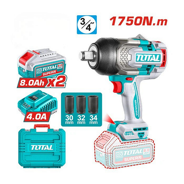 Kit Jogo Chave de Impacto 3/4" 1750Nm 20v 2 Baterias 8,0 Ah