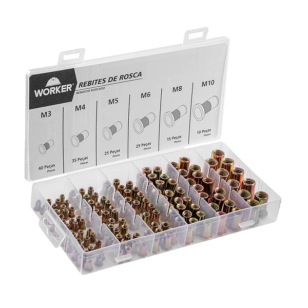 Kit Jogo Rebite Rosca Jogo 150 Peças M3 M4 M5 M6 M8 e M10