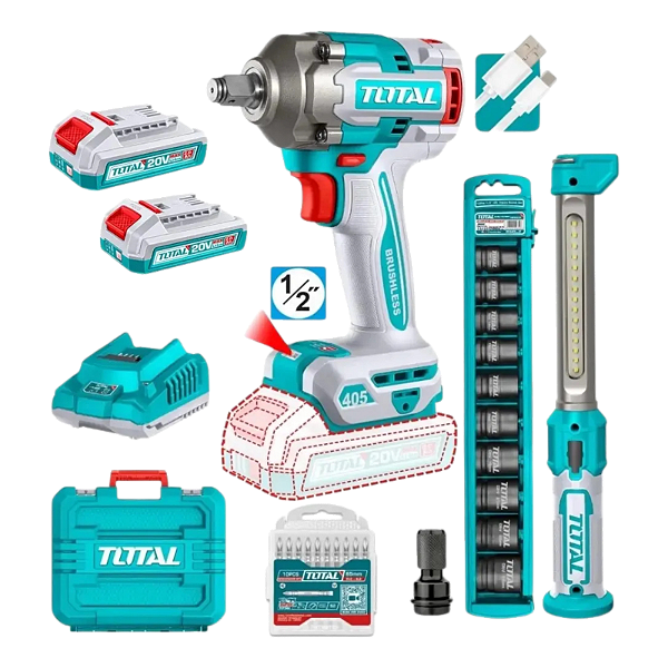 Kit TOTAL Chave Impacto 1/2 20V Lanterna + Soquetes Acessóri