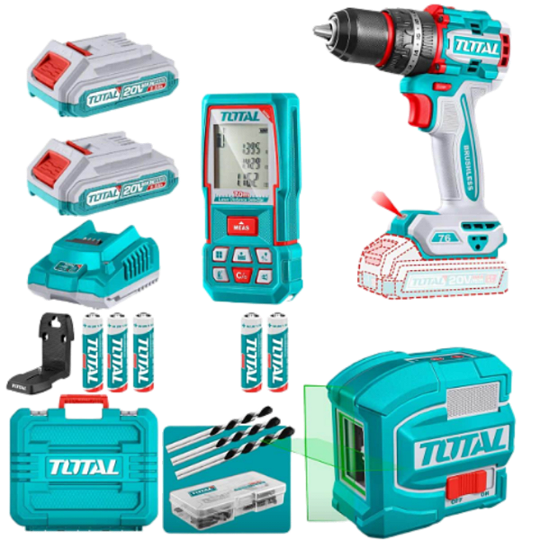 Kit TOTAL Parafusadeira 20V+ Nível Laser + Trena Digital 70m