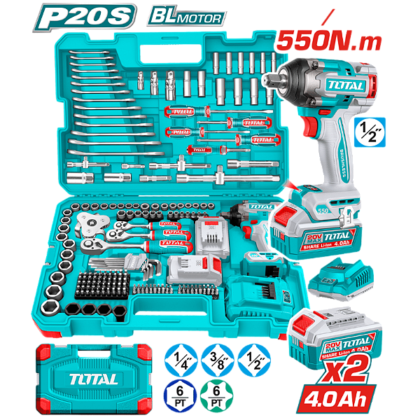 Kit Jogo Ferramentas 172 Peças + Chave Impacto 2 Baterias