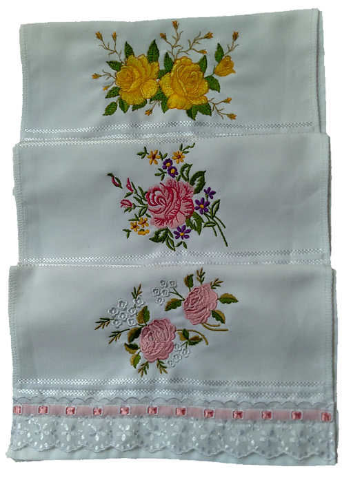 Jogo kit toalhas Bordada, De Mão, Lavabo. Contém 3 peças com lindas Rosas e Barra emTira Bordada. 30 x 45 cm