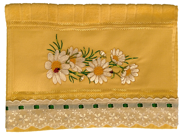 Toalha Bordada de Mão Lavabo com Margaridas Lindas. Cor da toalha: Amarelo. 45 x 30 cm