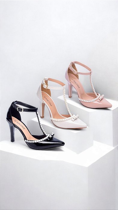 Sapato Scarpin Sandalia Calçado Feminino Salto Alto Revestida em Verniz Enfeite: Pérola em ABS