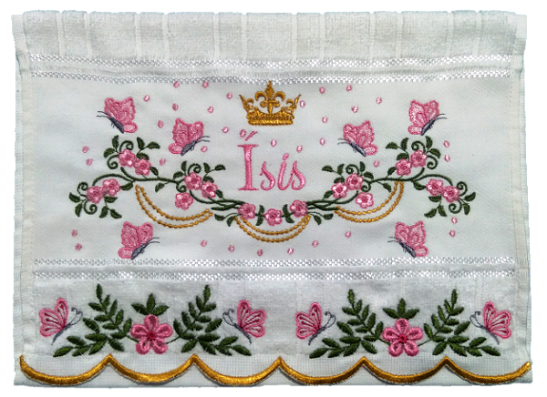 Toalha Bordada de Mão Lavabo com Borboletas e Correntes Douradas para Personalizar. 30 x 45 cm. Marca Dohler
