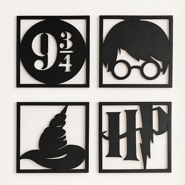 Kit 4 Quadros Decorativos HarryPotter MDF 20x20 Preto