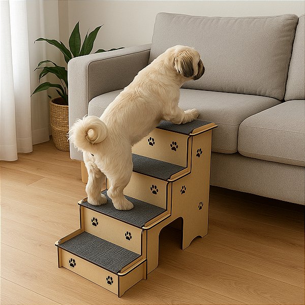 Escada Pet Para Cachorro Gato Coelho e Outros Animais de 4 Degraus Com Carpete Antiderrapante e Nicho