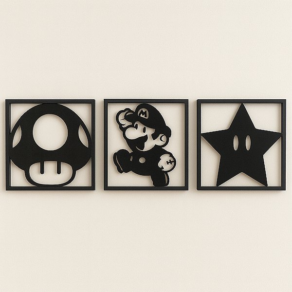 3 Quadros Decorativos Aplique de Parede Tema Game MarioBros