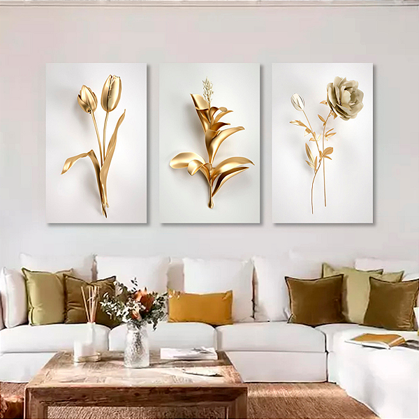 Trio de Quadros Decorativos - Floral Dourado Luxo