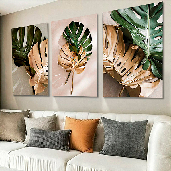 Trio de Quadros Decorativos - Folhas Costela-de-Adão Botânico