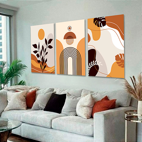 Trio de Quadros Decorativos - Abstrato Orgânico Tons Terrosos Boho