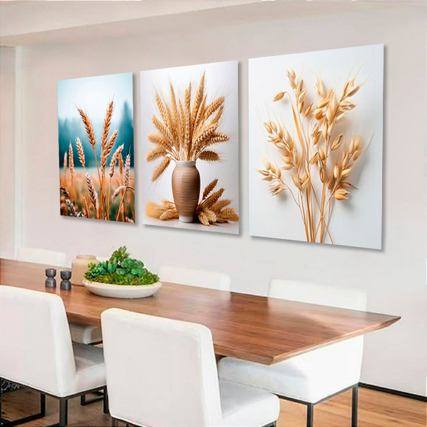 Trio de Quadros Decorativos - Trigo Dourado Prosperidade e Fartura