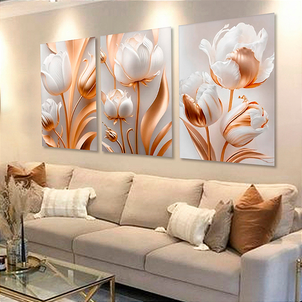 Trio de Quadros Decorativos - Florais Rosas e Tulipas Douradas Moderno