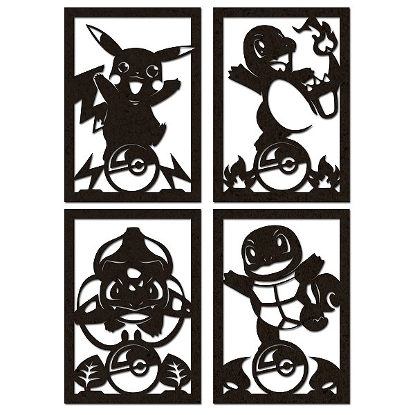 Kit 4 Quadros Pokémon Silhueta em MDF Preto 40x28 cm (Pikachu, Charmander, Bulbasaur, Squirtle)