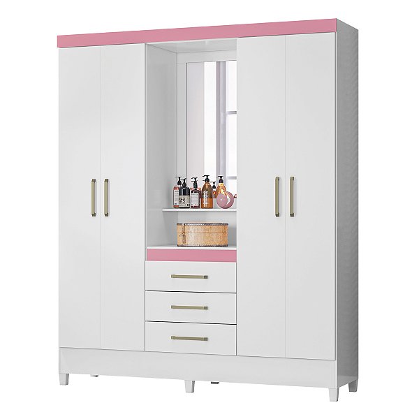 Guarda Roupa 4 Portas Pérsia Branco / Rosa Flex Demóbile