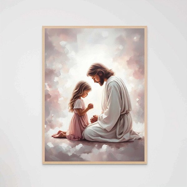 Quadro Decorativo Jesus e Menina Criança Rezando Orando Religioso