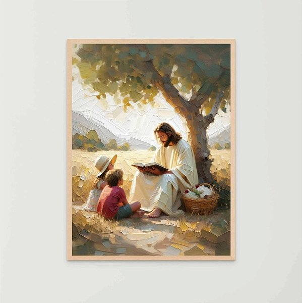 Quadro Decorativo Jesus e as Crianças Rezando Ensinando Orando Religioso