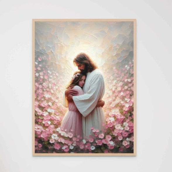 Quadro Decorativo Jesus e Menina Abraçados Flores Religioso